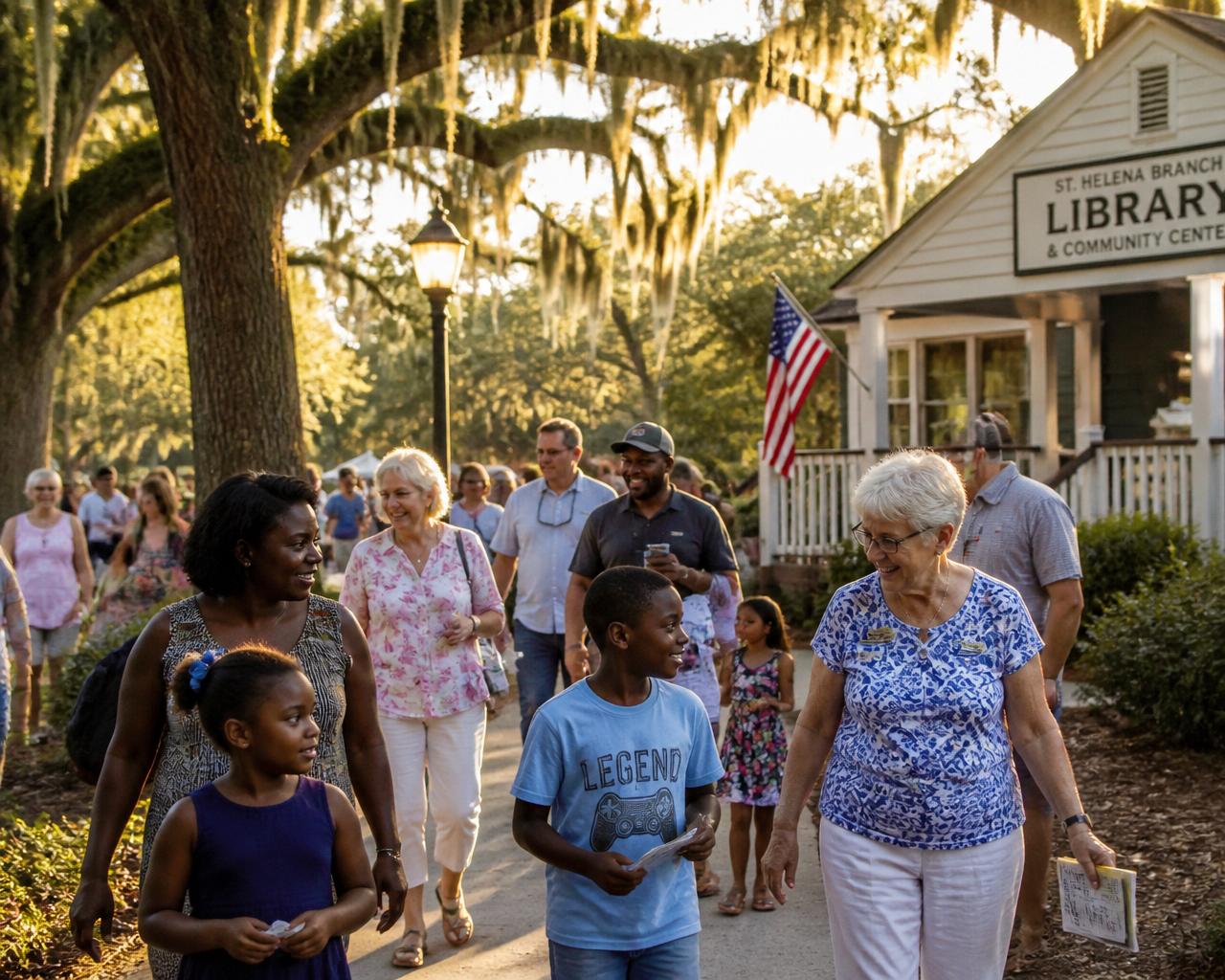 A diverse mix of African American and Caucasian families, volunteers, and neighbors gathered outside a small South Carolina community library at golden hour.