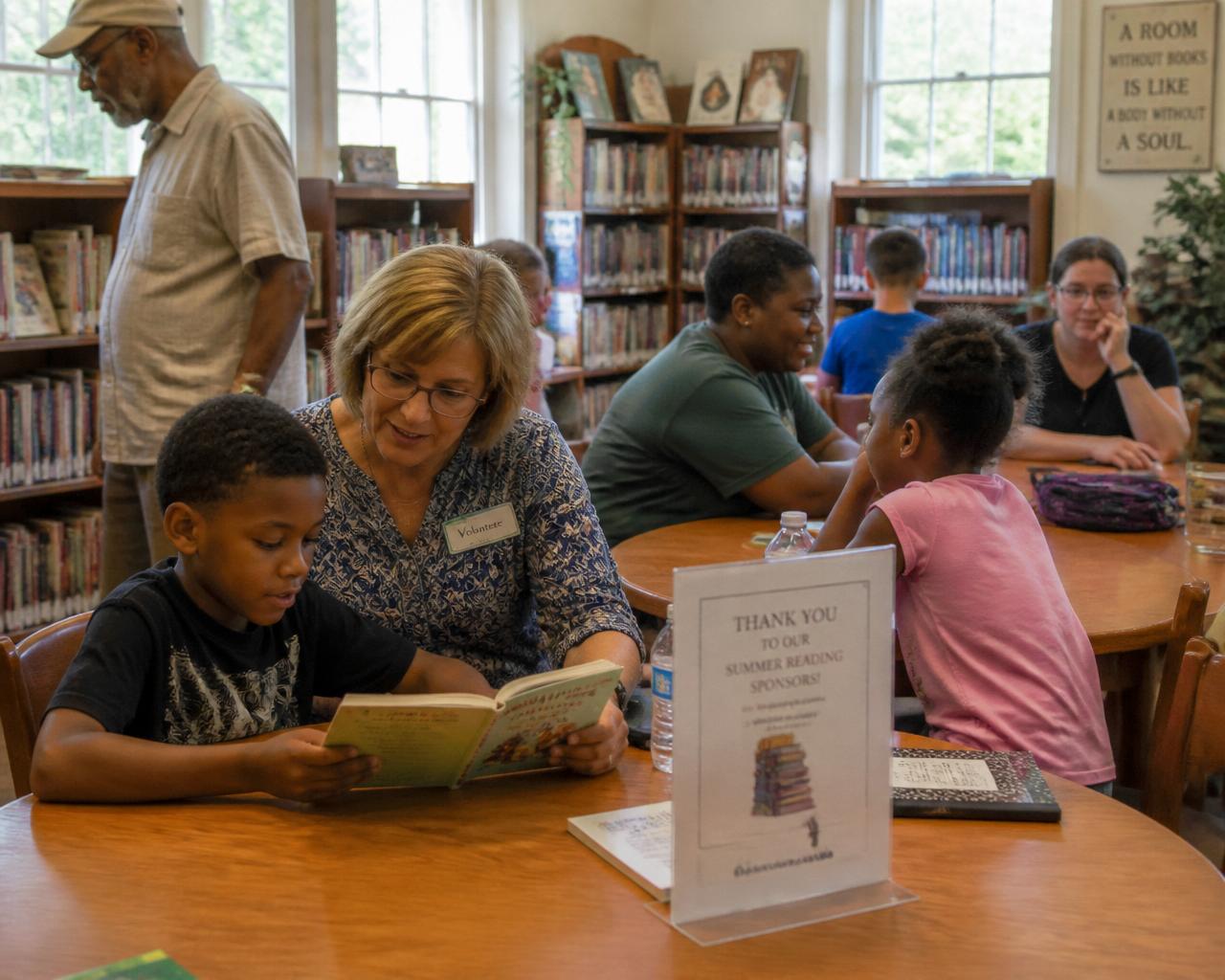 A volunteer reading with children of different backgrounds during a library summer reading program.