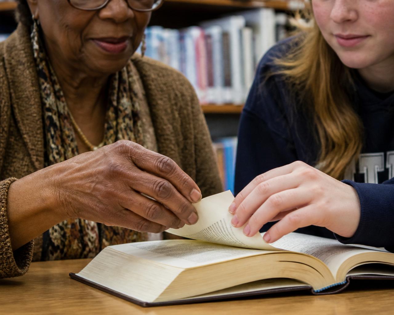 An older African American woman and a Caucasian teenager turning the pages of a book together.